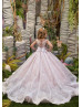 Beaded Ivory Lace Tulle Flower Girl Dress With Pink Lining